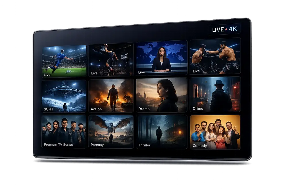 Watch live TV, sports, and movies in 4K with Kemo IPTV Kemo IPTV IPTV interface showing live sports, news, and 4K movie channels on a Smart TV